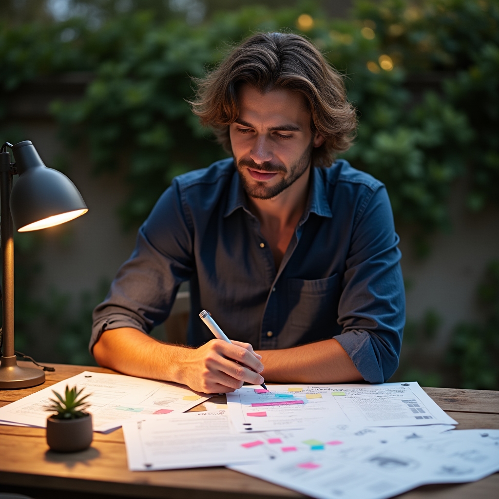 Workshop organizer reviewing mission planning materials at a wooden desk