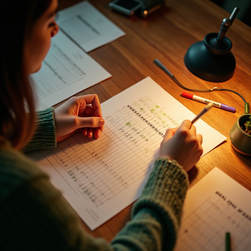 Participants using progress tracking worksheets at a workshop table